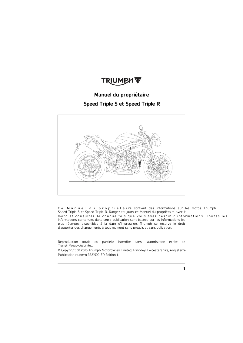 Page 1 de la notice Manuel utilisateur Triumph Speed Triple S (2016)