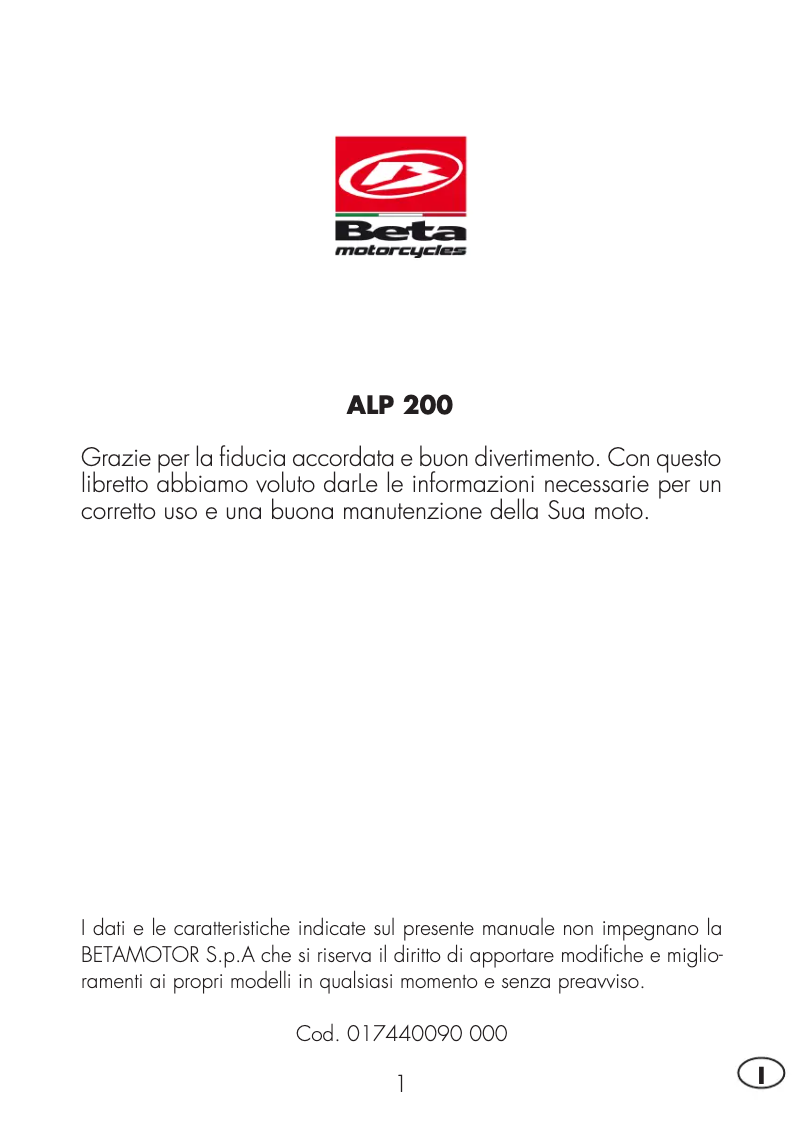 Page 1 de la notice Manuel utilisateur Beta Alp 200 (2016)