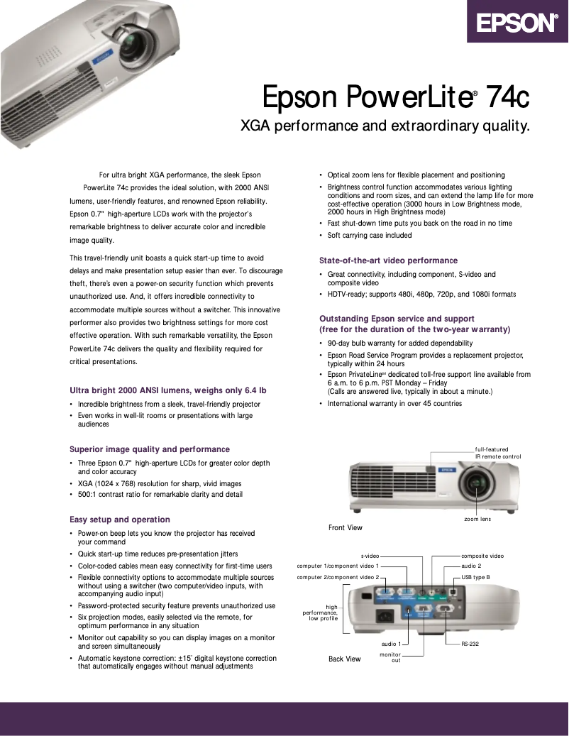 Image de la première page du manuel de l'appareil PowerLite 74c