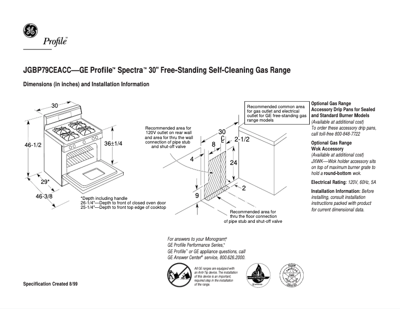 Page n°1 - Fiche technique GE Profile Spectra JGBP79CEACC
