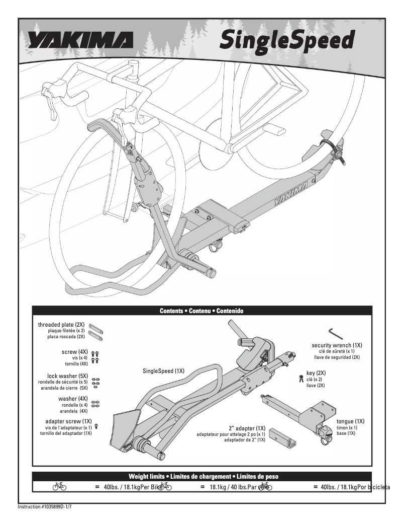 Page 1 de la notice Manuel utilisateur Yakima SingleSpeed