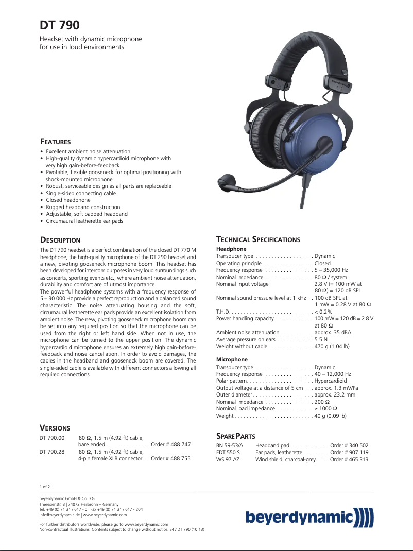 Page 1 de la notice Fiche technique Beyerdynamic DT 790
