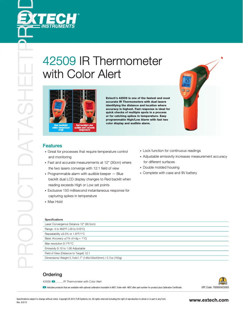 Page 1 de la notice Fiche technique Extech 42509