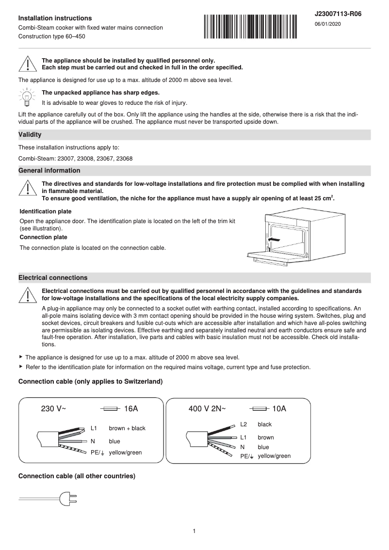 Page 1 de la notice Guide d'installation V-Zug Combi-Steam XSL