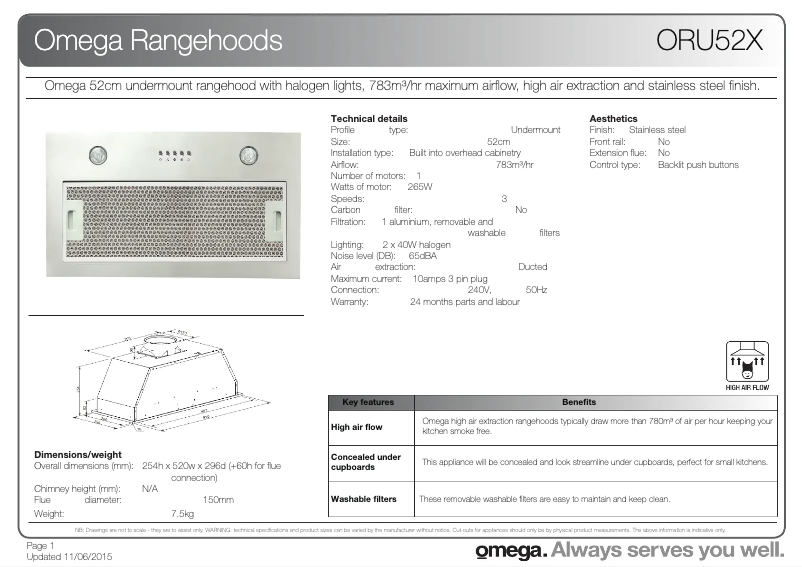 Page 1 de la notice Fiche technique Omega ORU52X