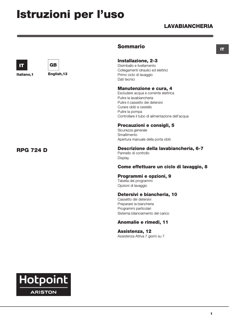 Page n°1 - Manuel utilisateur Hotpoint Ariston RPG 724 DS IT