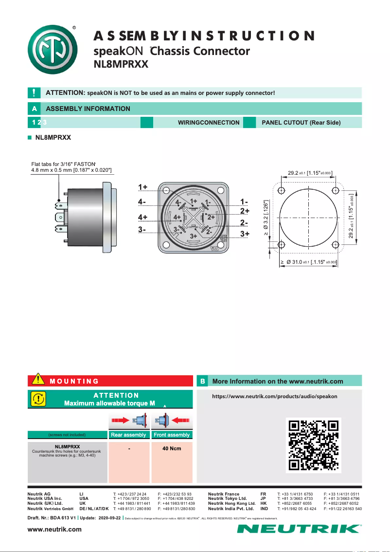 Page n°1 - Manuel utilisateur Neutrik Speakon NL8MPRXX