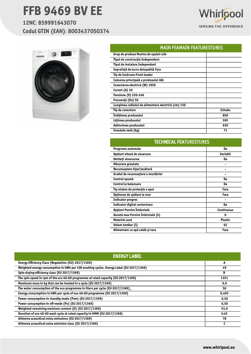 Página 1 del manual Ficha técnica Whirlpool FFB 7238 BV EE