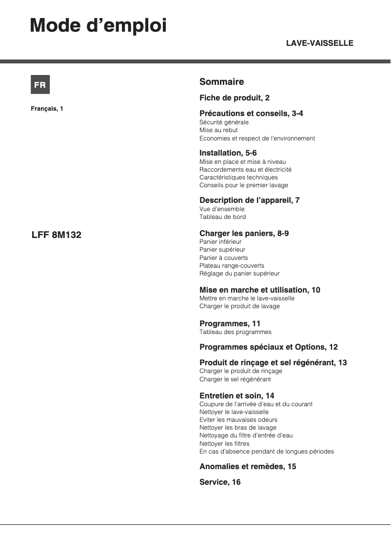 Page 1 de la notice Manuel utilisateur Hotpoint Ariston LFF 8M132 X FR