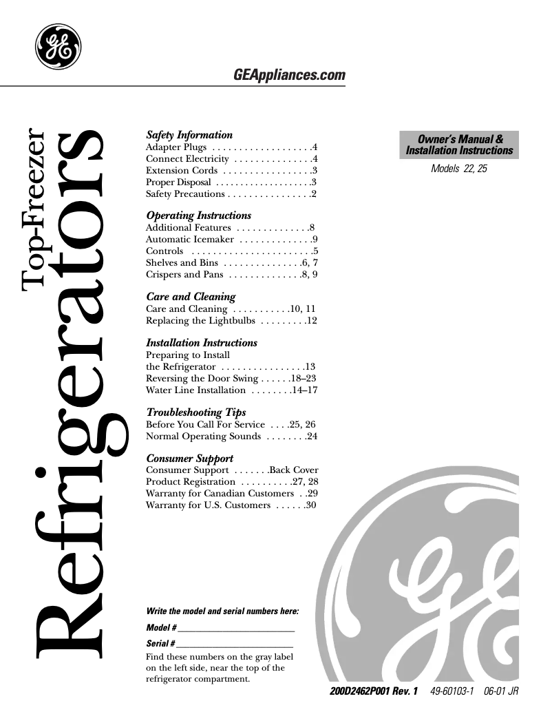 Page n°1 - Guide d'installation GE Profile Arctica PTS22LBMBB