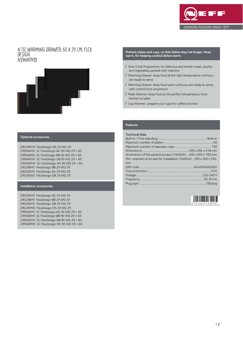 Page 1 de la notice Fiche technique Neff N39HA11Y1B