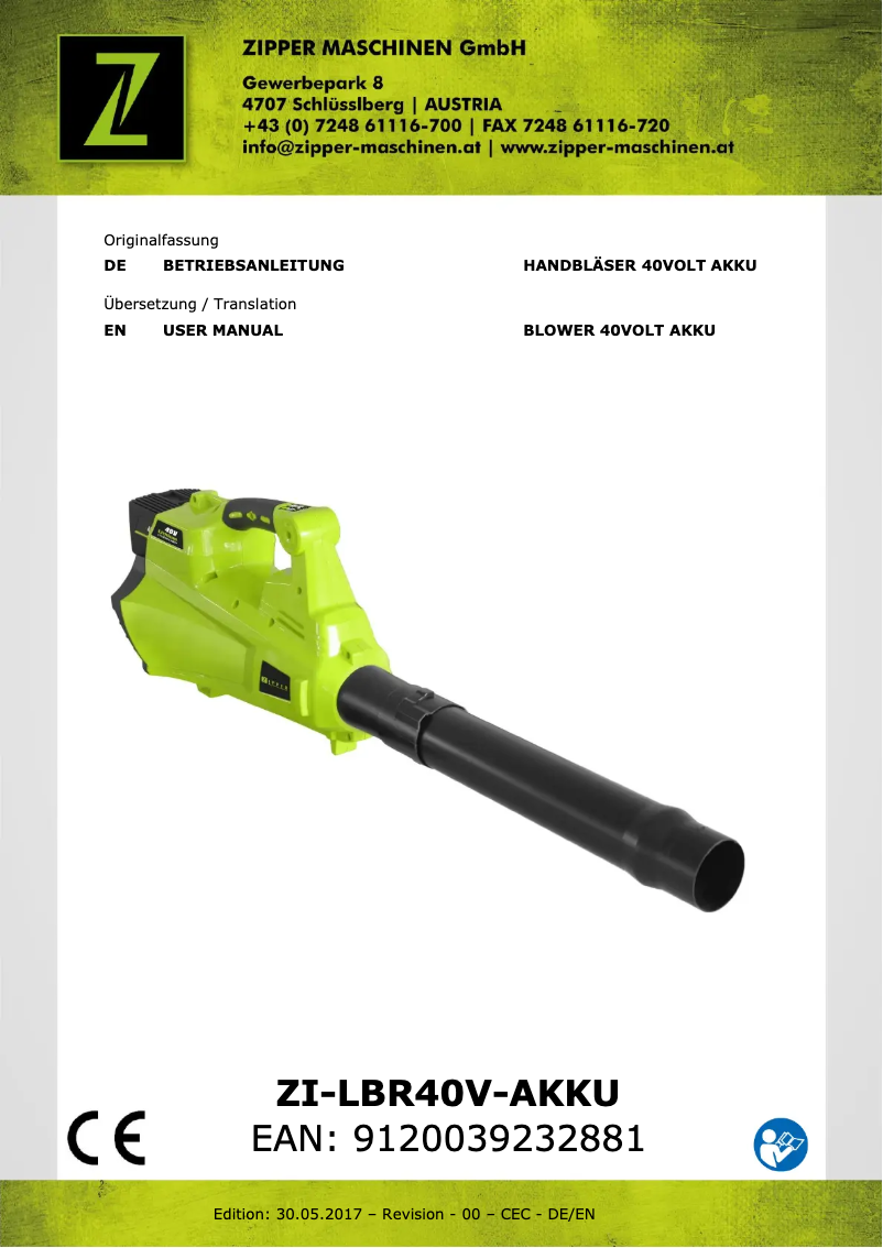 Page 1 de la notice Manuel utilisateur Zipper ZI-LBR40V-AKKU