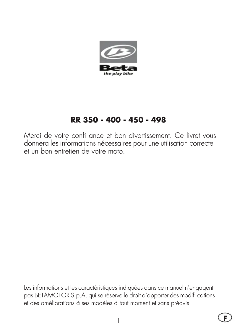 Page 1 de la notice Manuel utilisateur Beta RR 350 (2013)