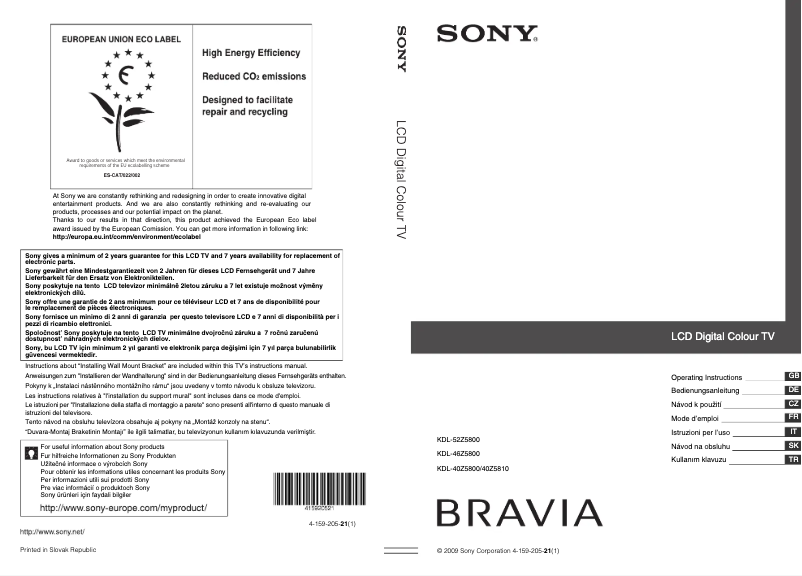 Page 1 de la notice Manuel utilisateur Sony Bravia KDL-40Z5800
