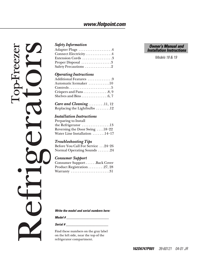 Page 1 de la notice Manuel d'utilisation et d'entretien Hotpoint HTS18BCMRWW
