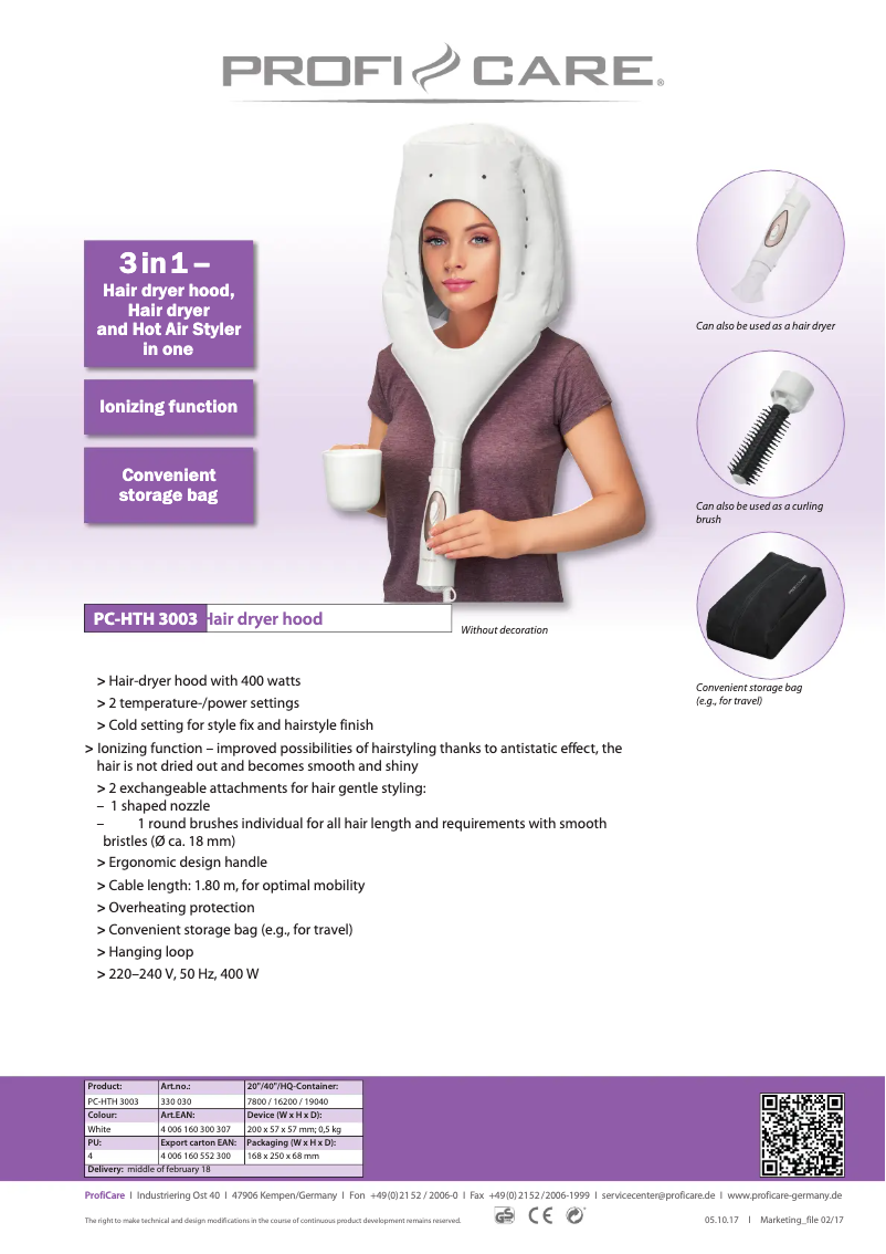 Page 1 de la notice Fiche technique ProfiCare PC-HTH 3003