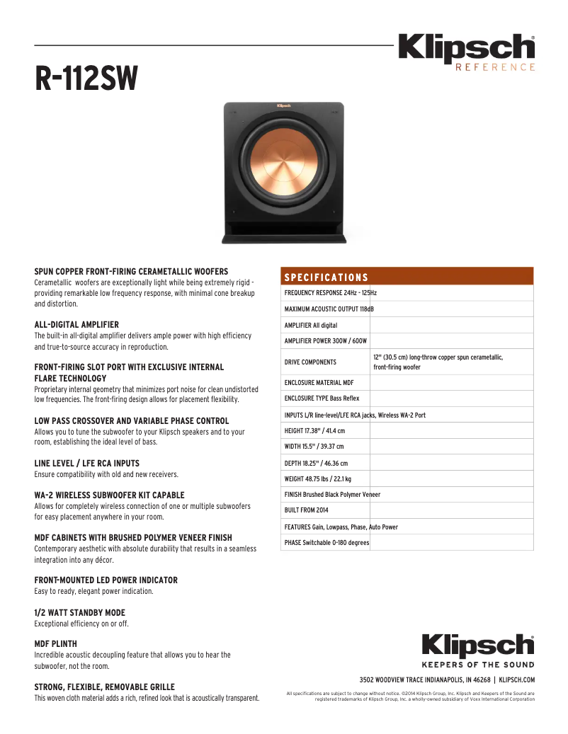 Page n°1 - Fiche technique Klipsch R-112SW