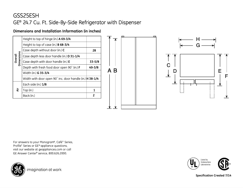 Página 1 del manual Ficha técnica GE GSS25ESHSS