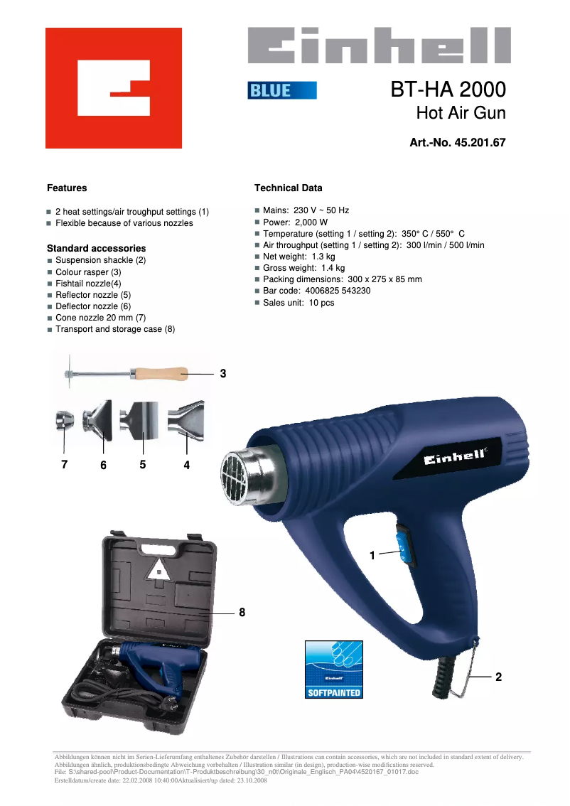 Page n°1 - Fiche technique Einhell BT-HA 2000/1