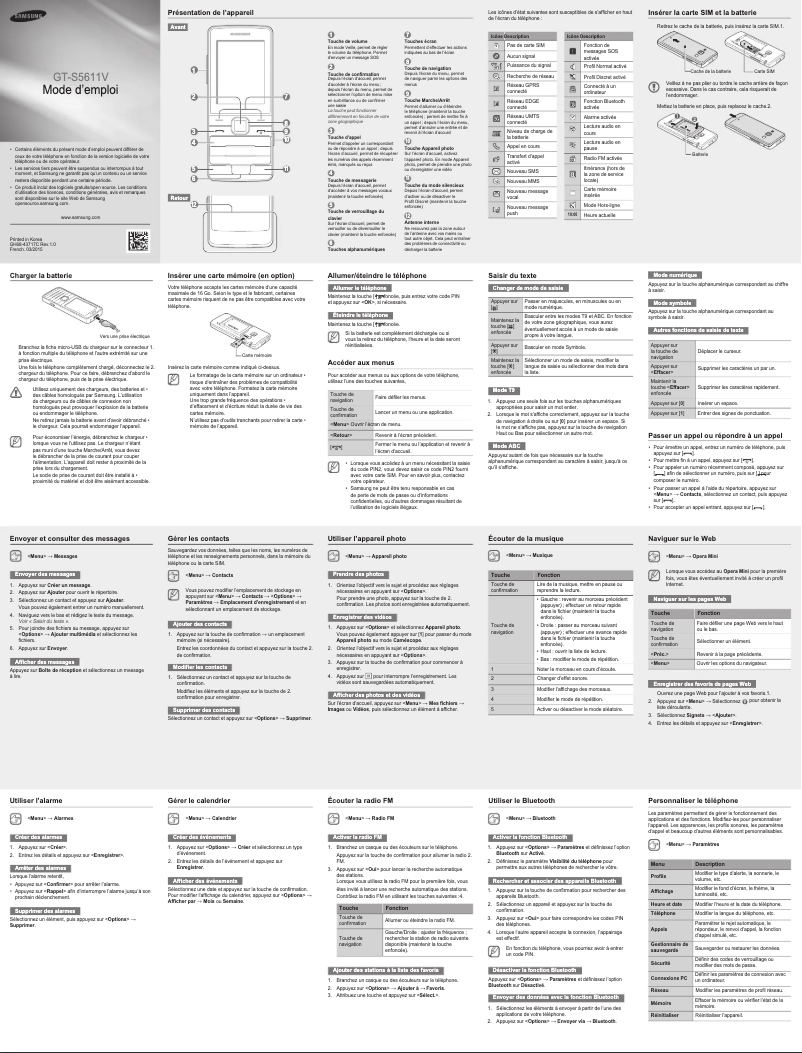 Page 1 de la notice Manuel utilisateur Samsung GT-S5611V