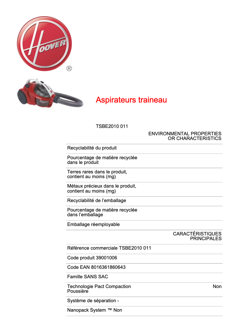 Page 1 de la notice Fiche technique Hoover Sprint Evo TSBE2010 011