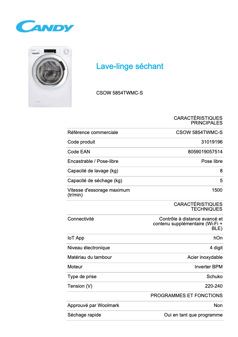Page 1 de la notice Fiche technique Candy CSOW 5854TWMC-S