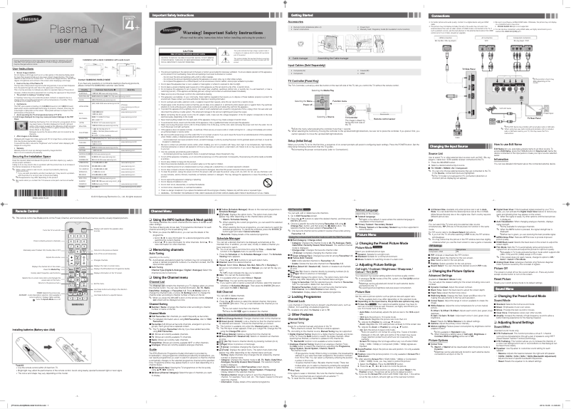 Page 1 de la notice Guide d'installation Samsung PS43F4000AM