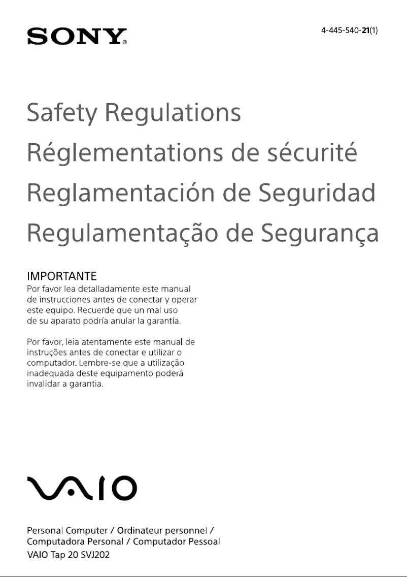 Image de la première page du manuel de l'appareil Vaio SVJ20215CXB