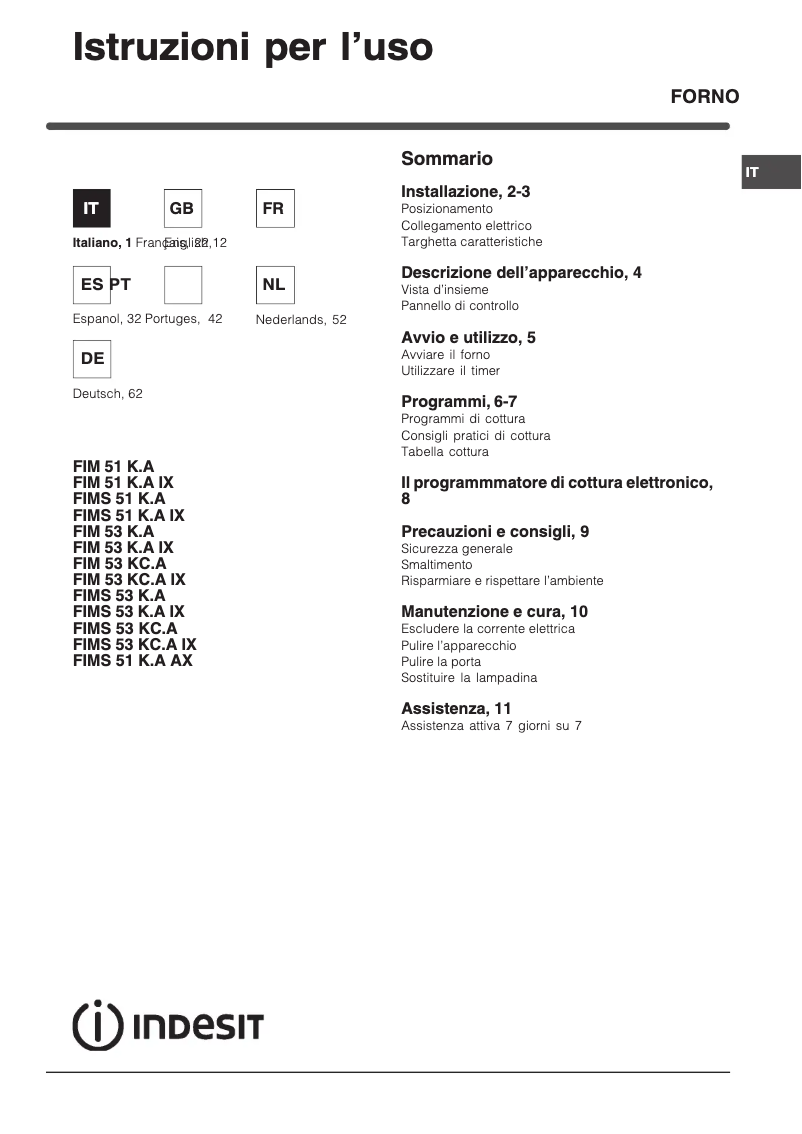 Page 1 de la notice Manuel utilisateur Indesit FIM 51 K.A IX