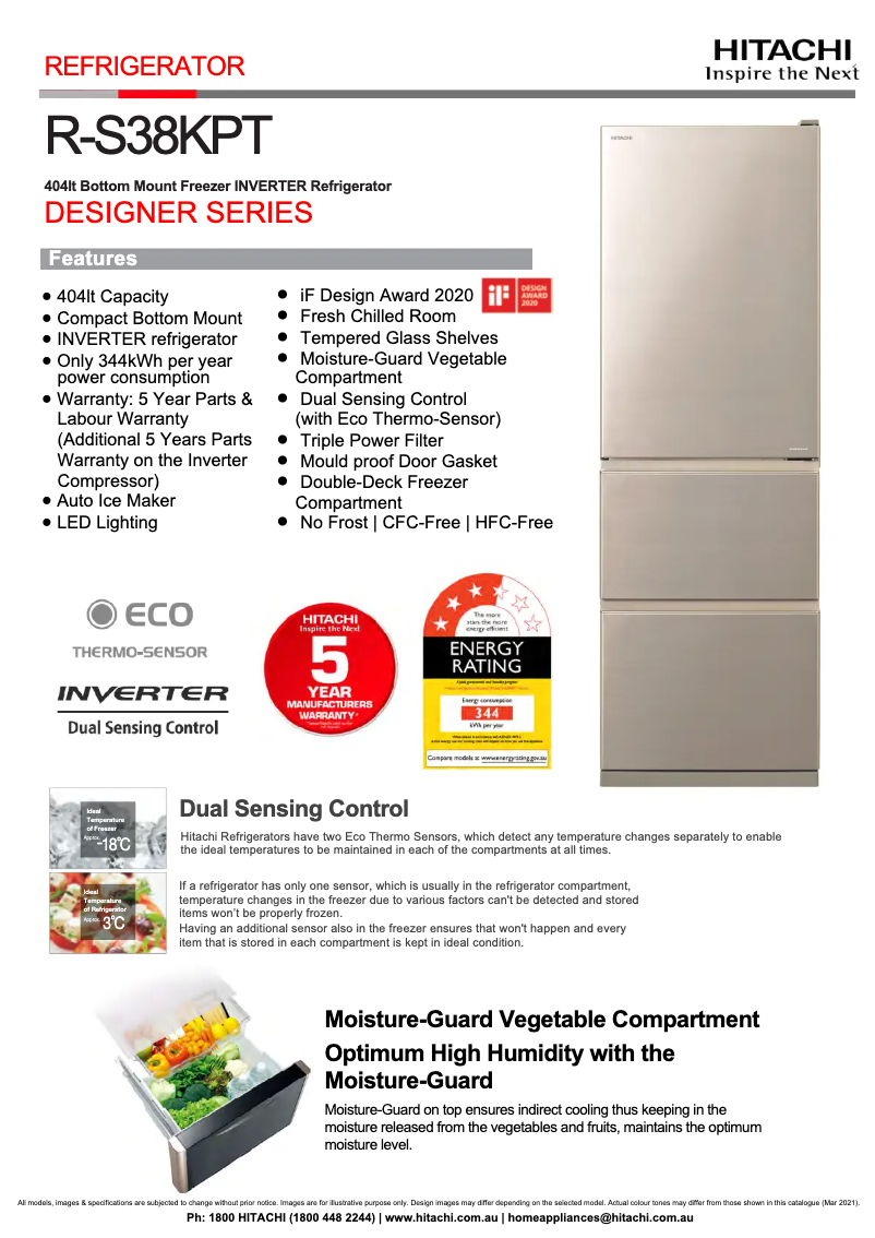 Page 1 de la notice Fiche technique Hitachi R-S38KPT