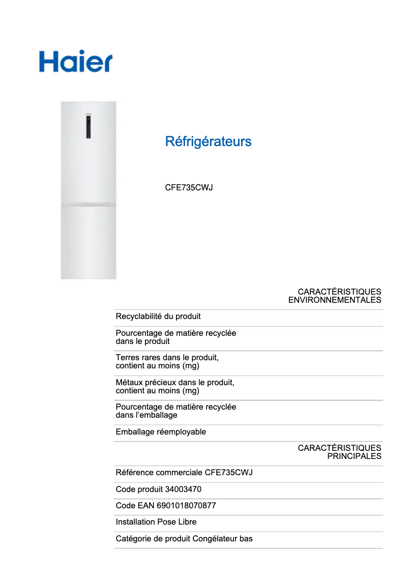 Página 1 del manual Etiqueta energética Haier CFE735CWJ