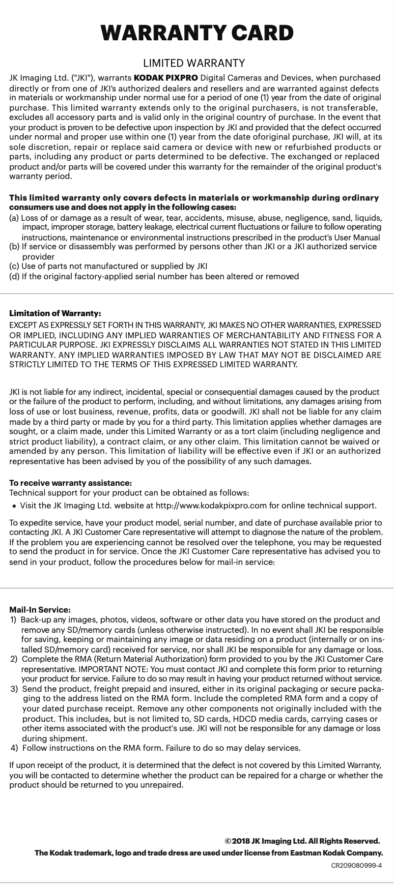 Page 1 de la notice Informations de garantie Kodak PixPro AZ401