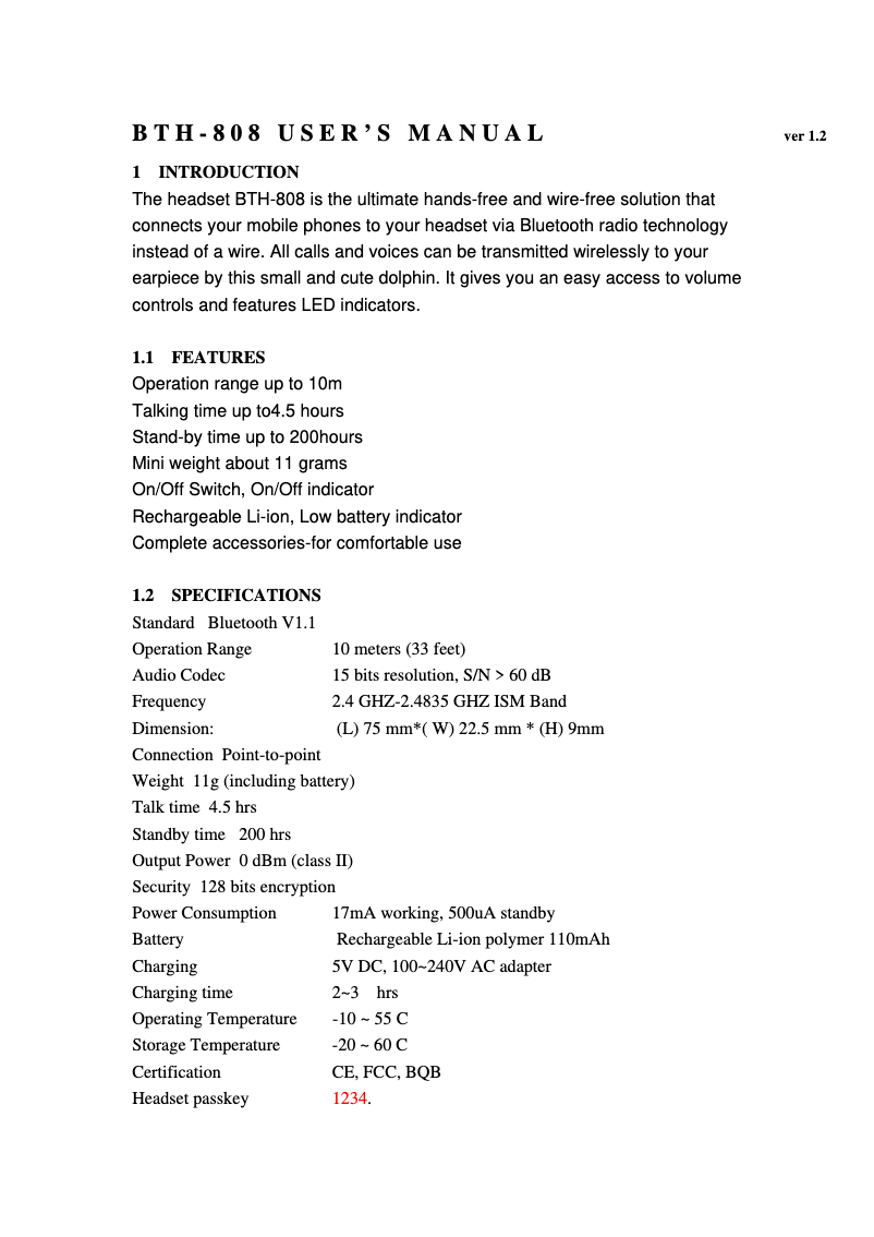 Page 1 de la notice Manuel utilisateur GlobalSat BTH-808