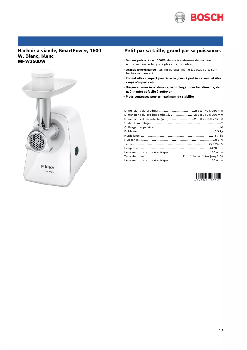 Page 1 de la notice Fiche technique Bosch SmartPower MFW2500W