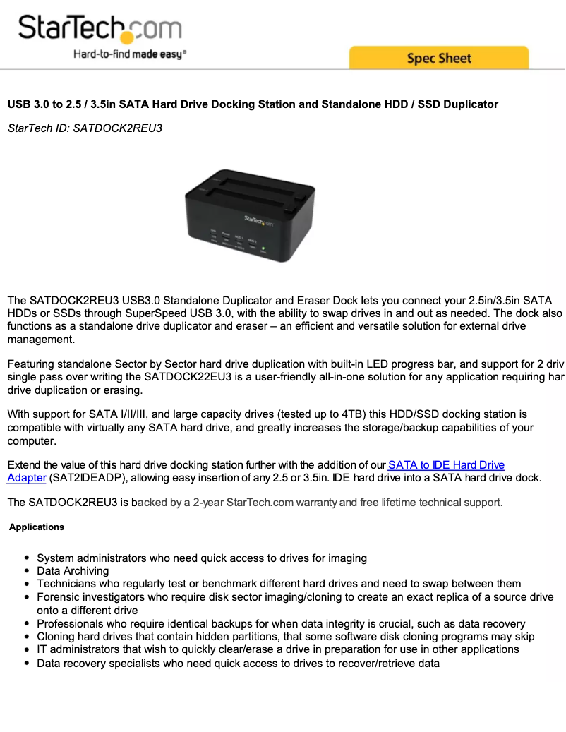 Page 1 de la notice Brochure StarTech.com SATDOCK2REU3