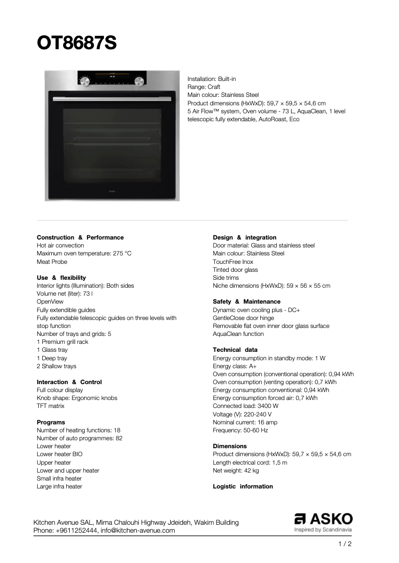 Page 1 de la notice Fiche technique Asko OT8687S