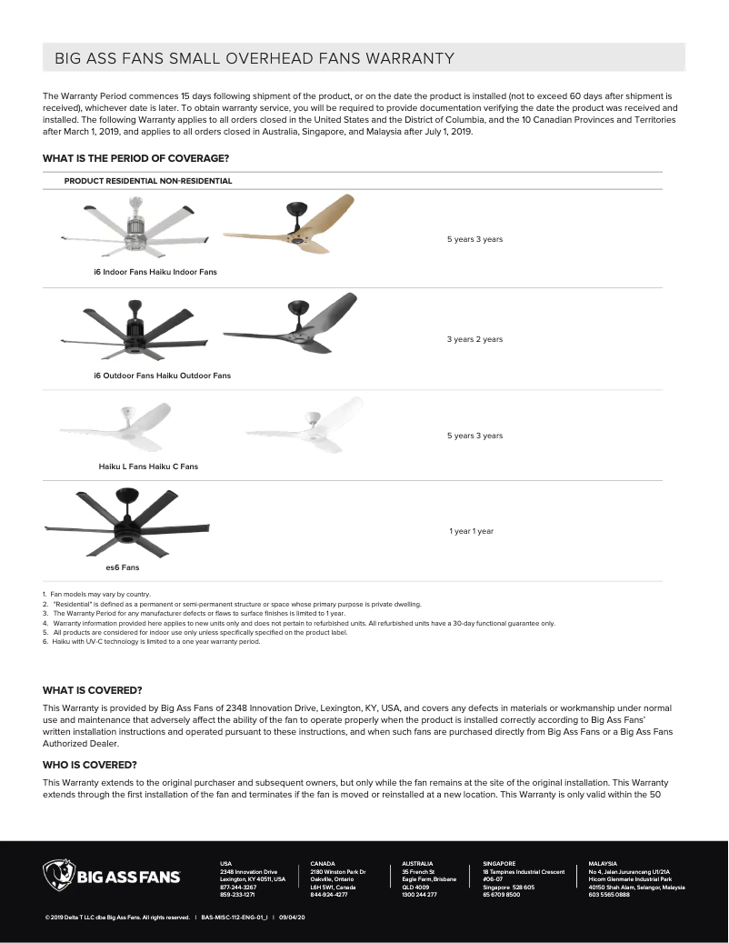 Page n°1 - Informations de garantie Big Ass Fans HAIKU L