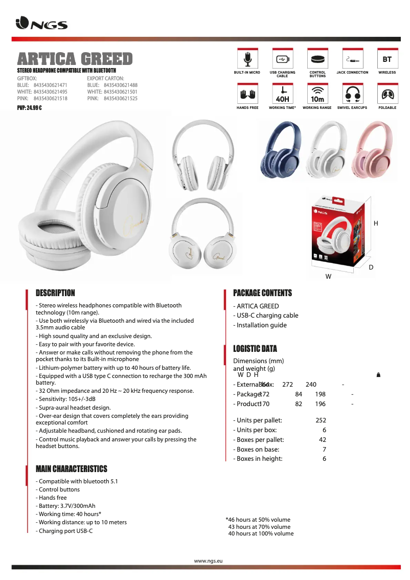 Page 1 de la notice Fiche technique NGS Artica Greed
