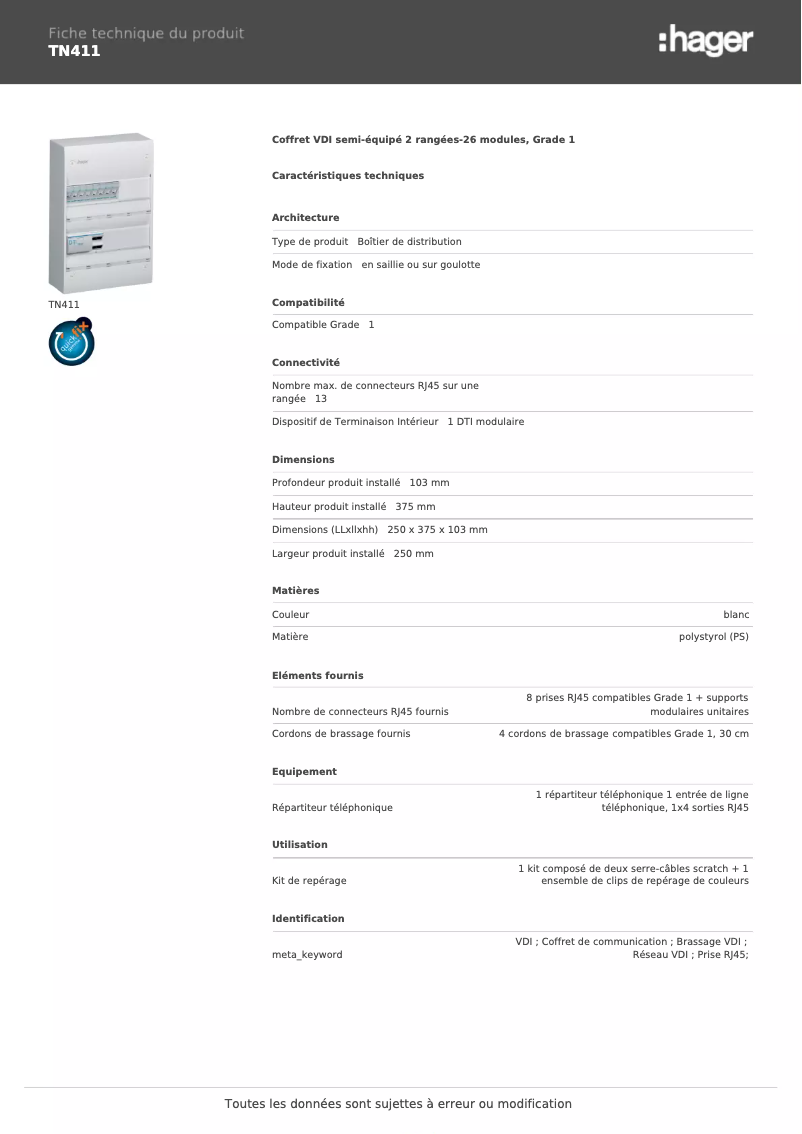 Page n°1 - Fiche technique Hager TN411
