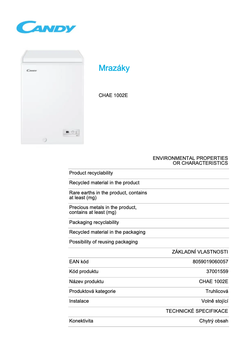 Page 1 de la notice Fiche technique Candy CHAE 1002E