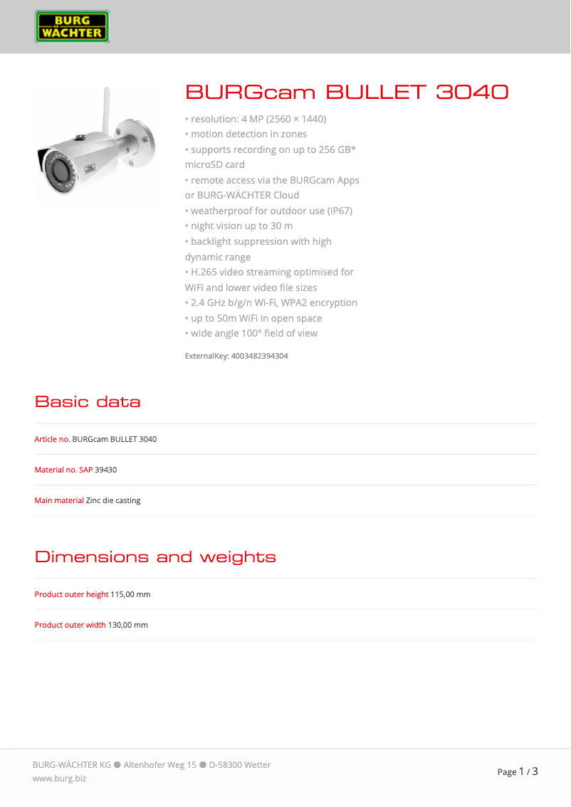 Page 1 de la notice Fiche technique Burg Wächter BURGcam BULLET 3040