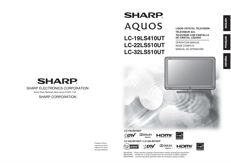 Page 1 de la notice Manuel utilisateur Sharp Aquos LC-22LS510UT