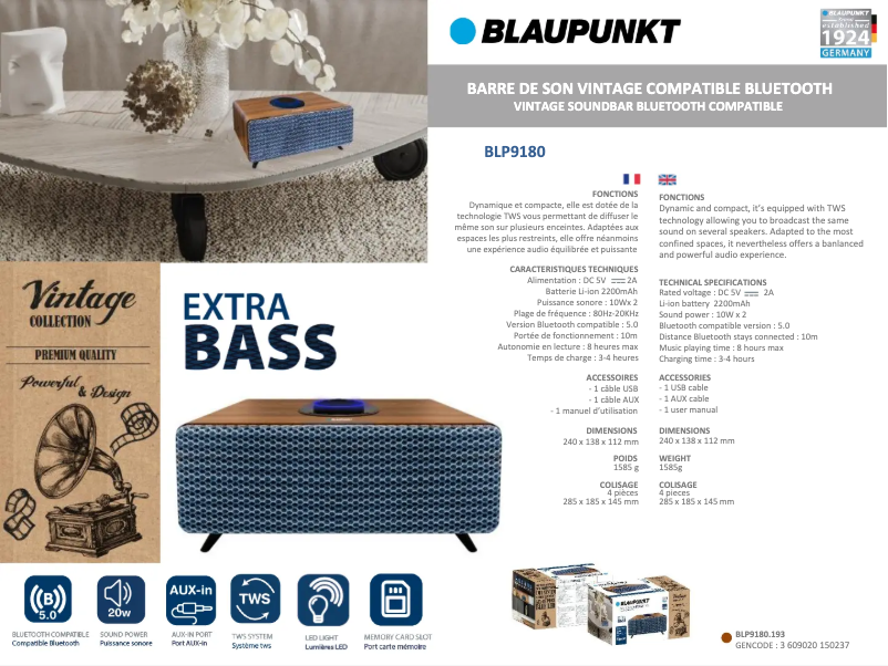 Page n°1 - Fiche technique Blaupunkt BLP9180