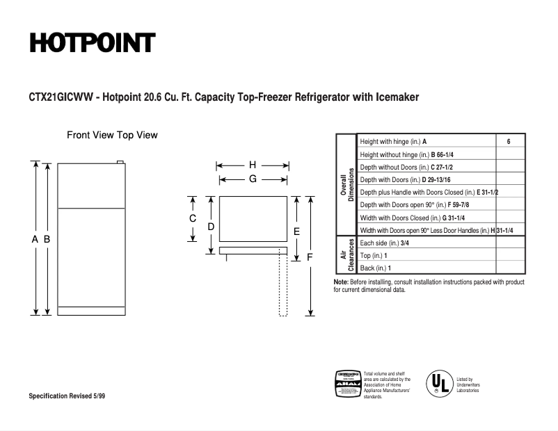 Página 1 del manual Ficha técnica Hotpoint CTX21GICWW