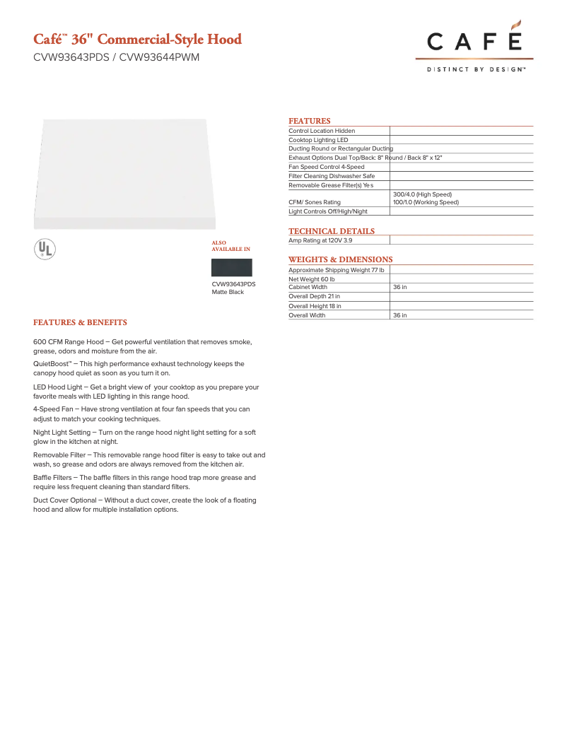 Page 1 de la notice Fiche technique GE CVW93643PDS