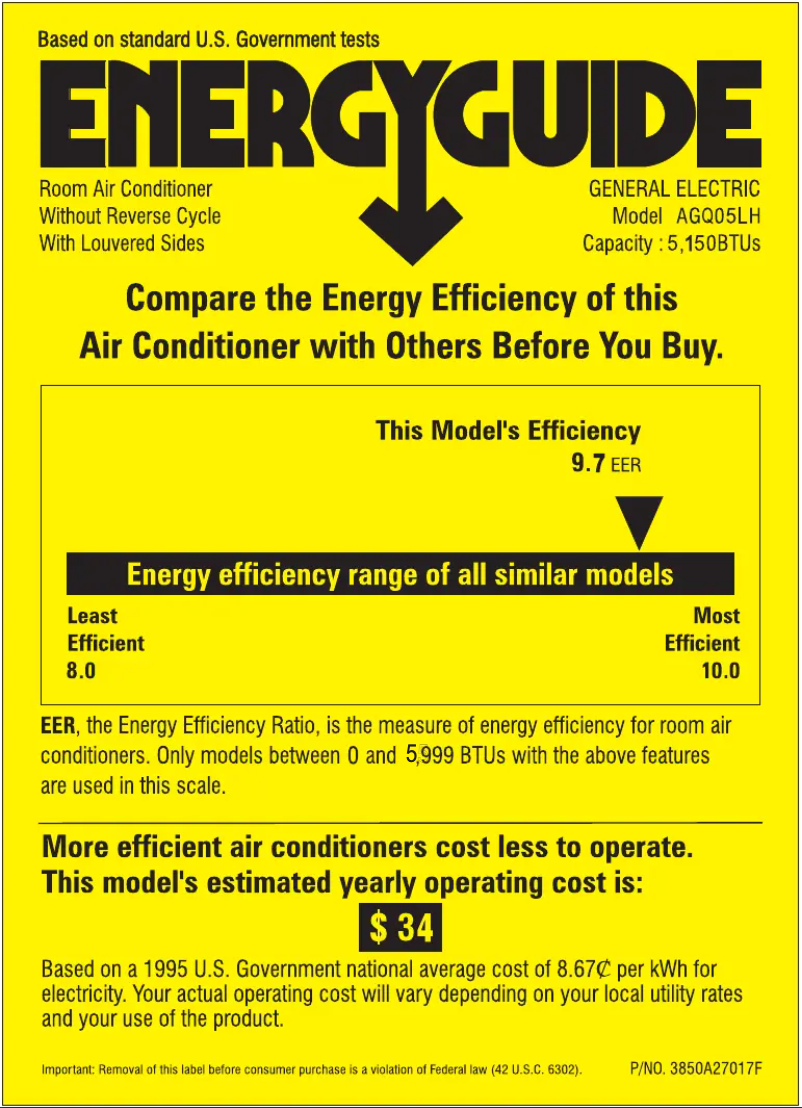 Page 1 of the manual Energy Label GE AGQ05LH