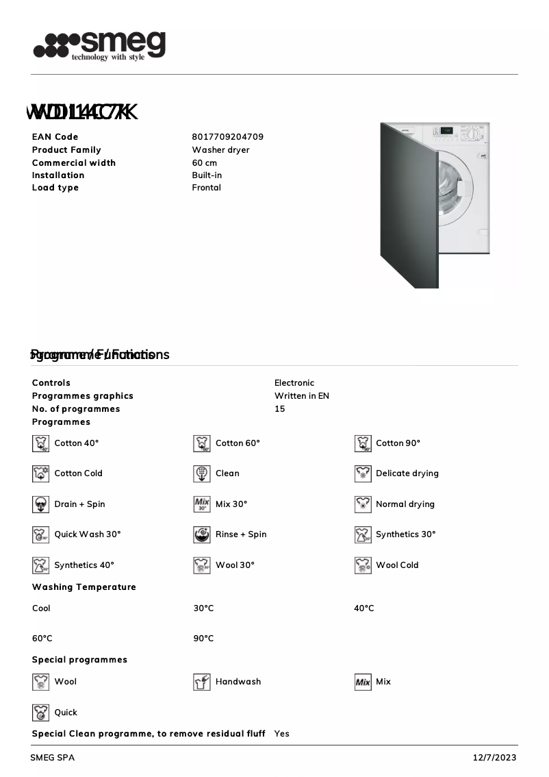 Page n°1 - Fiche technique Smeg WDI14C7K