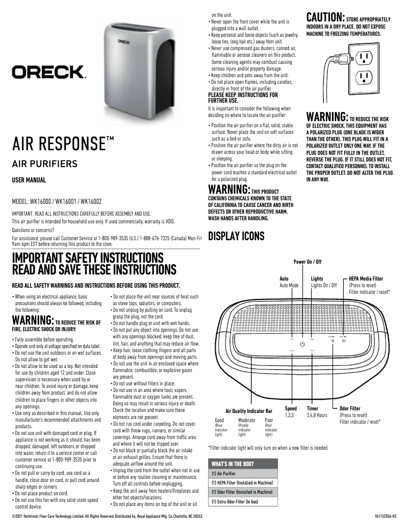 Page 1 de la notice Manuel utilisateur Oreck Air Response WK16000PC