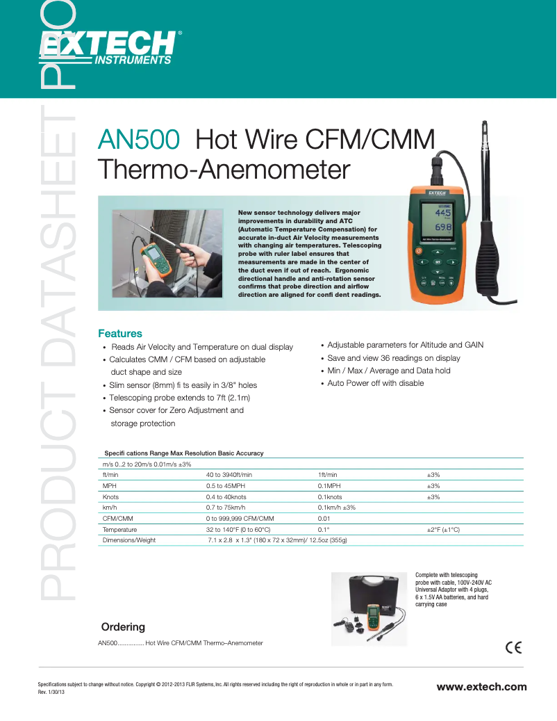 Página 1 del manual Ficha técnica Extech AN500