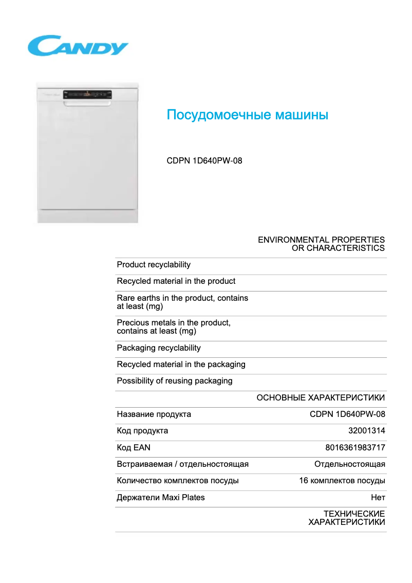 Page 1 de la notice Fiche technique Candy CDPN 1D640PW-08